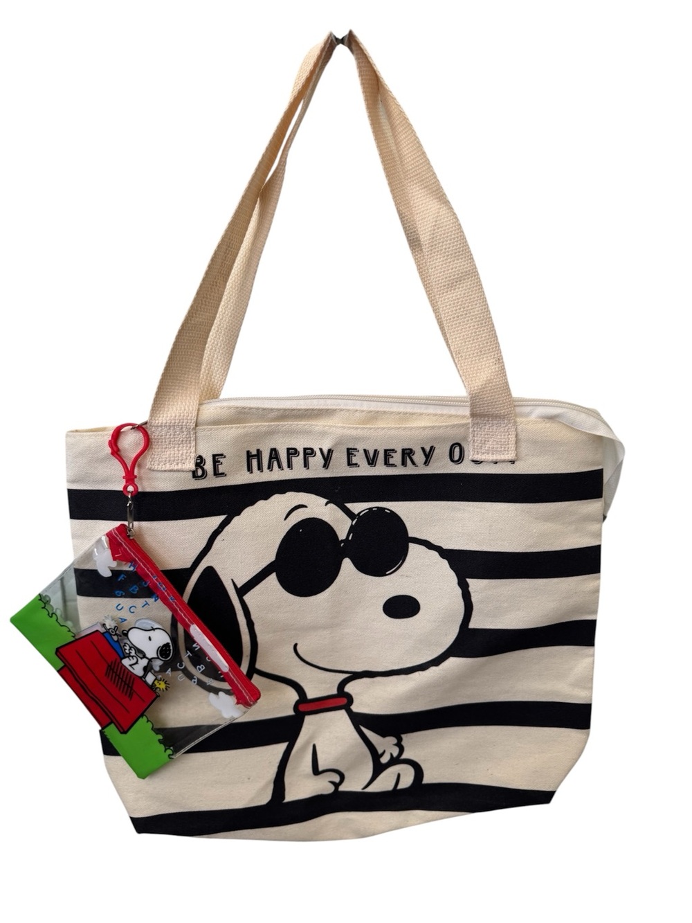 Snoopy Striped Canvas Tote Bag in Cream and Black #new viene con su carterita